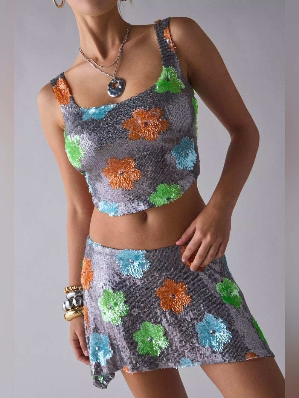 UO Groovy Sequin Floral Skirt And Top Set